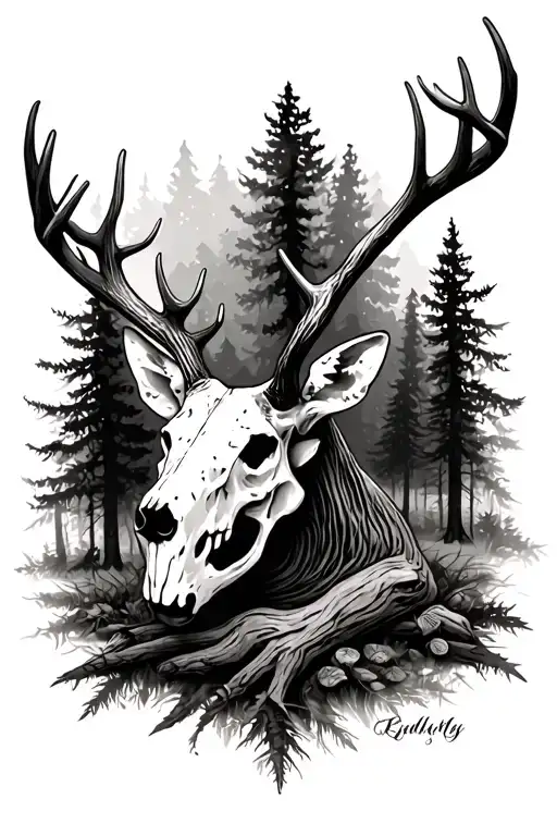 deer skull in forest  tattoo design idea