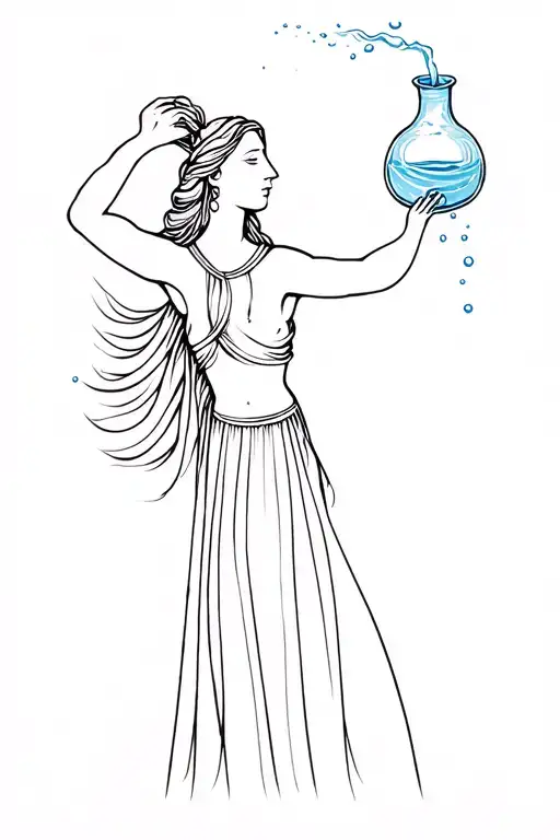 fine line water bearer goddess standing pouring water flowing out of jug above her head tattoo design idea