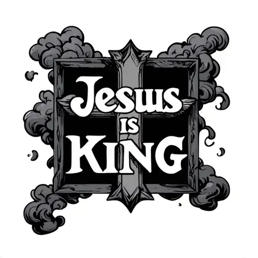 a boxed shaped cross with jesus is king in vertical-horizontal word style with cloud shading around it  tattoo design idea