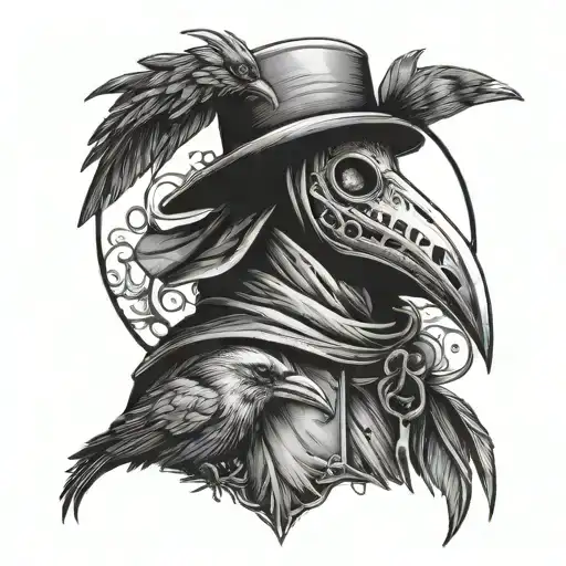 Black and white plague doctor with ravens in the background  tattoo design idea