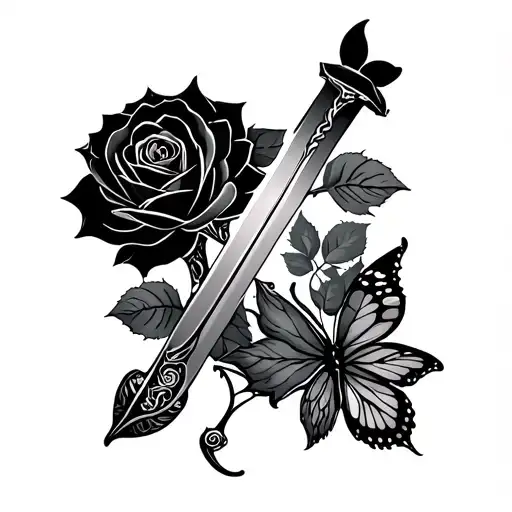 Belly tattoo: middle a sword on the left an open and a rose that is too, on the right a caterpillar that becomes a butterfly tattoo design idea