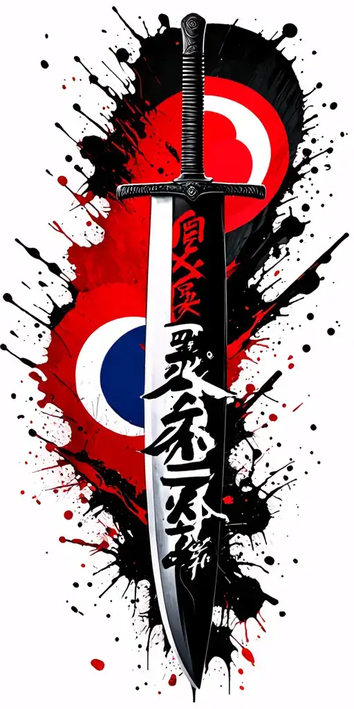 word hapkido in Korean above a katana and in the background the flag of South Korea and Venezuela with a Yi Yan tattoo design idea