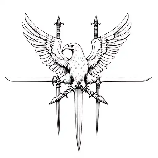 swords along with an eagle with open wings tattoo design idea