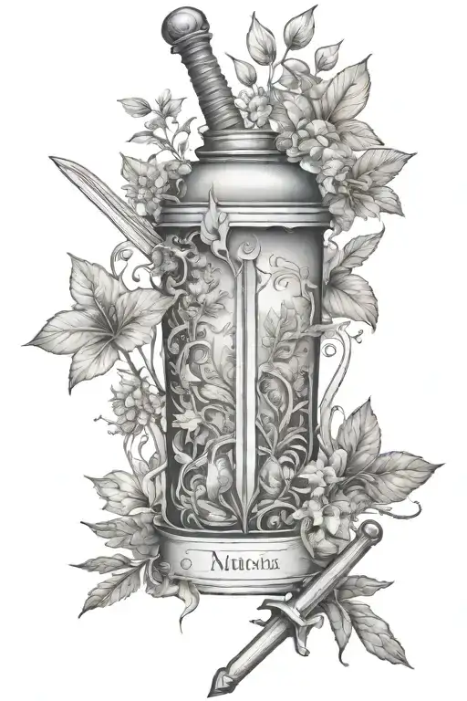 nature with herbs, potions, and a sword going tattoo design idea