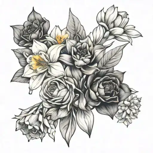create a fine line tattoo bouquet consisting of daffodil,water lily,violet,poppy,daisy, rose tattoo design idea