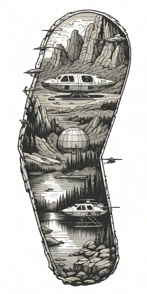 camping on a lake with mountains surrounding, fallout vault door hidden in a mountain, startwars x wing tattoo design idea