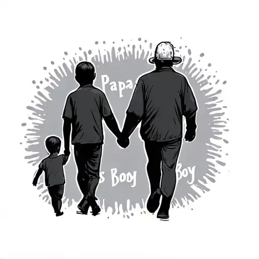 stick figures. backside view of an older man holding hands and walking with oneyounger boy and says papas boy around it. tattoo design idea