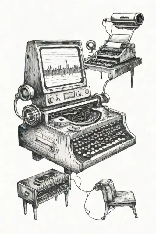 A typewriter with music notes coming out of it and a TV show scene playing on the screen tattoo design idea