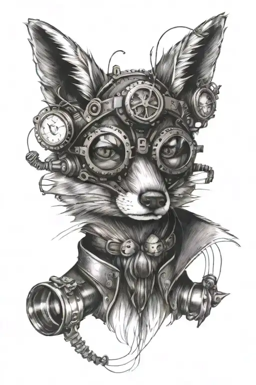 STEAMPUNK fox WITH GOGGLES TATTOO BLACK WORK LINE WORK SIMPLE LINES WITH SMALL AMOUNT OF SHADING tattoo design idea