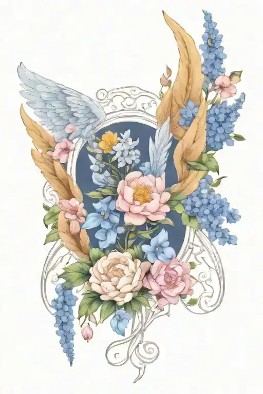 Angel wings surrounded by larkspur and peony flowers tattoo design idea