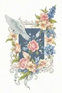 Angel wings surrounded by larkspur and peony flowers tattoo design idea