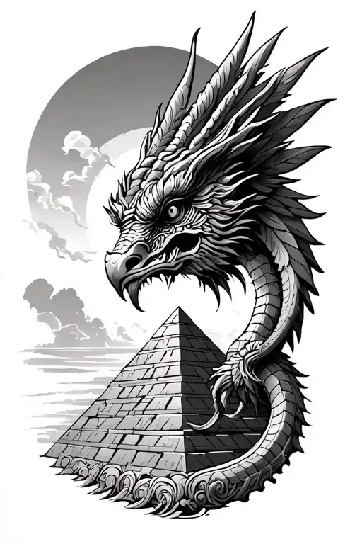 Quetzalcoatl with pyramid emerging tattoo design idea