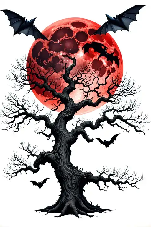 poison tree that has a red moon at the top with bats flying around and one in the middle of the moon n some on the tree tattoo design idea