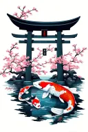 torii gate with koi fish and cherry blossoms tattoo design idea