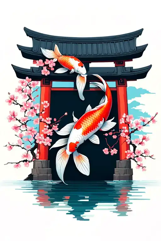 torii gate with koi fish and cherry blossoms tattoo design idea
