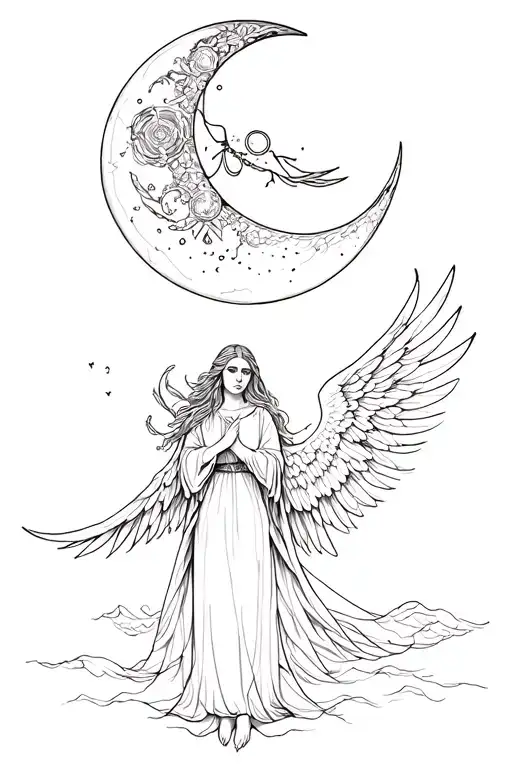 new moon angel number and Waning Crescent moon tattoo design idea