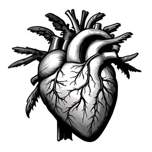 anatomical sacred heart with lines in black and white tattoo design idea