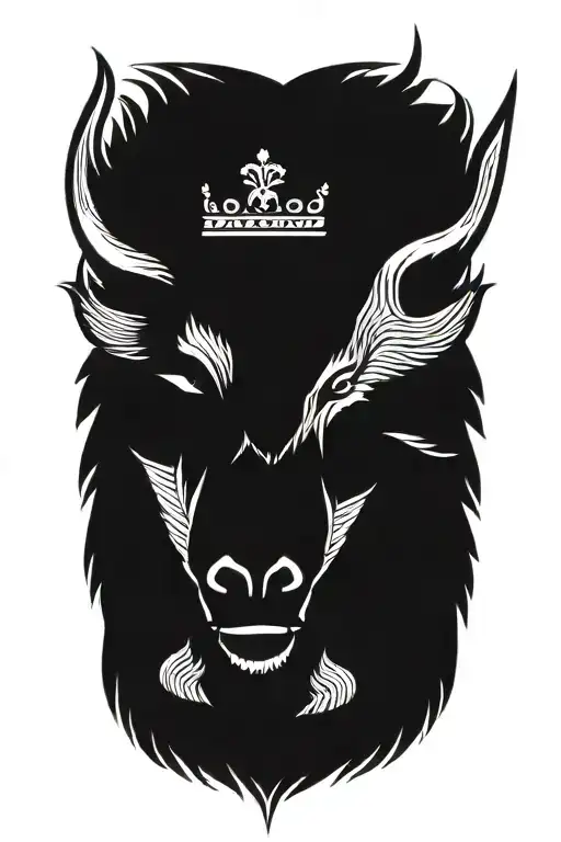 angry boar head wearing a crown with wings and a geometric background tattoo design idea