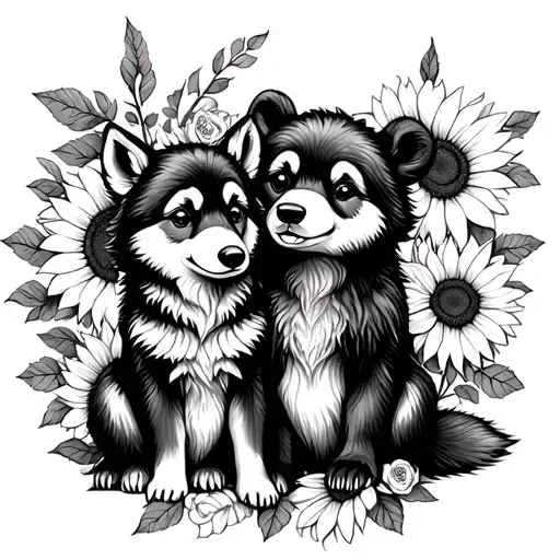  cute baby wolf and bear sitting with sunflowers and roses. black tattoo design idea