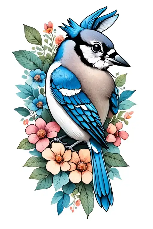 flowers, leaves, blue jay bird perched, bunny in flowers and greenery  tattoo design idea