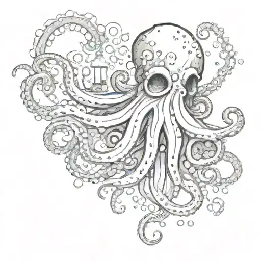 sketch of a tattoo of an octopus surrounded by algae and bubbles, volumetric shades of gray and black, holding a lantern in a tentacle, on the head tattoo design idea