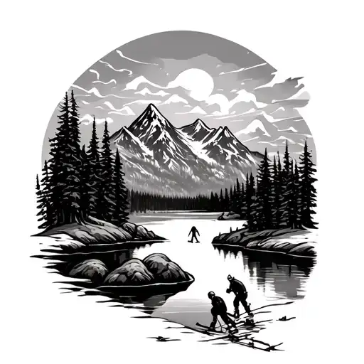 mountain scene with pond hockey on lake tattoo design idea