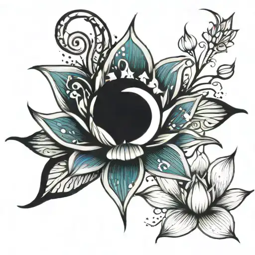 star, moon, lotus flower tattoo design idea
