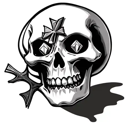 small skull with diamond eyes with a cross tattoo design idea