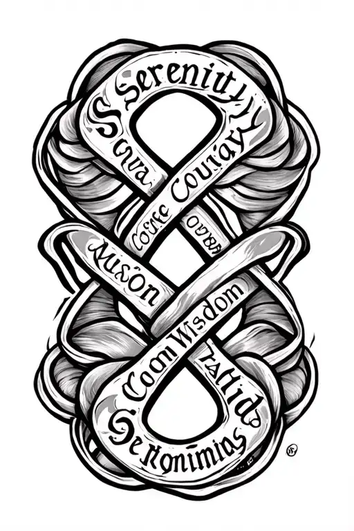 infinity symbol intertwined with words serenity courage wisdom  tattoo design idea