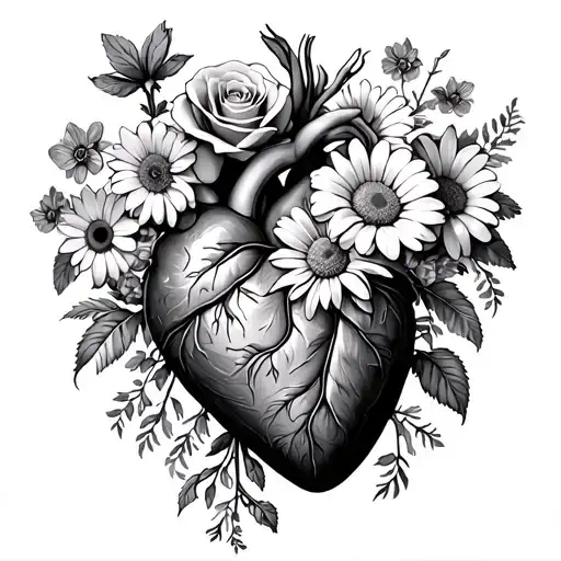 Flower bouquet: 1 rose, 2 violets, 2 daisies, 1 lily, 2 poppies, and 1 chrysanthemum attached to a human heart tattoo design idea