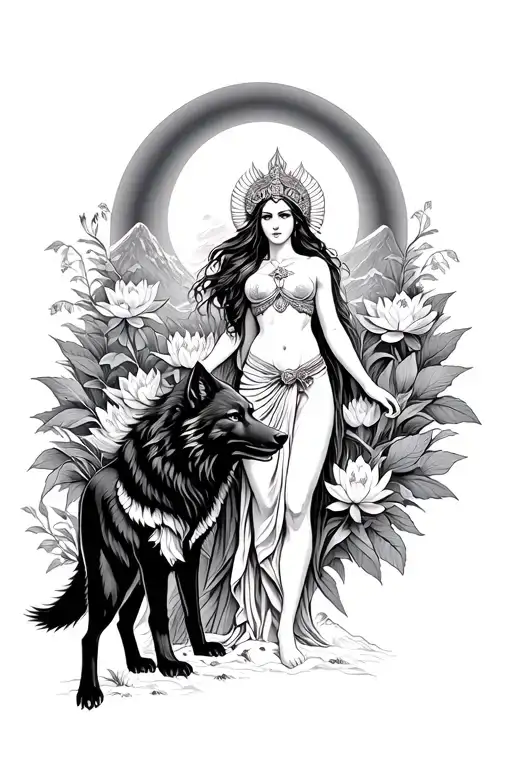 sexy Athena goddess surrounded by poeny and lotus flowers growing with a all black wolf in a mountain range with a moon tattoo design idea
