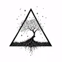 an inverted tree growing and overflowing with roots and branches within an inverted triangle, with stars scattered  tattoo design idea