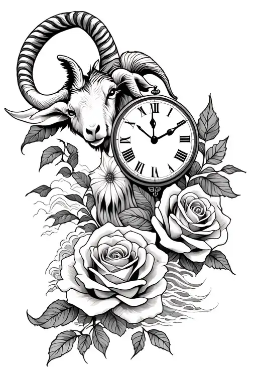 Sea goat, mountians, sea waves, three roses, a clock  tattoo design idea