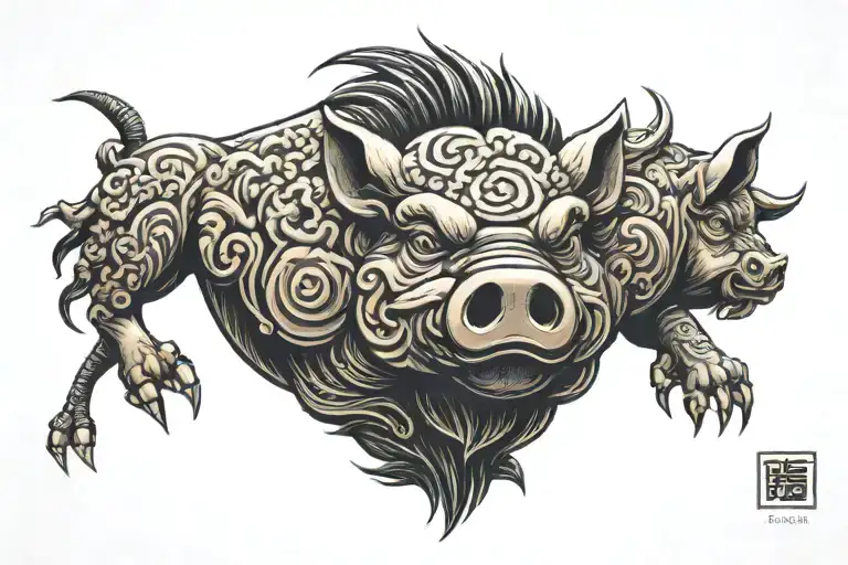 Chinese zodiac pig boar head and body wooden tattoo design idea