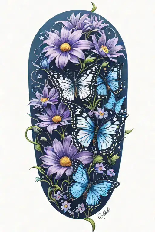 daisys, blue cosmos flowers, one purple butterfly tattoo design idea