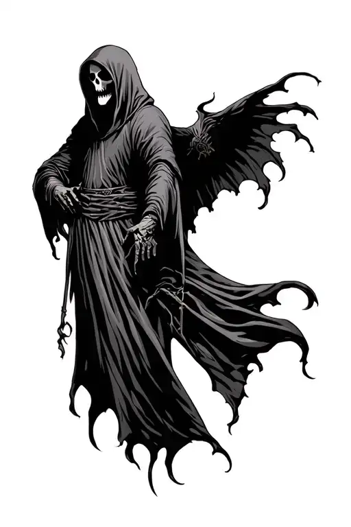 hooded grim reaper with a back ground tattoo design idea
