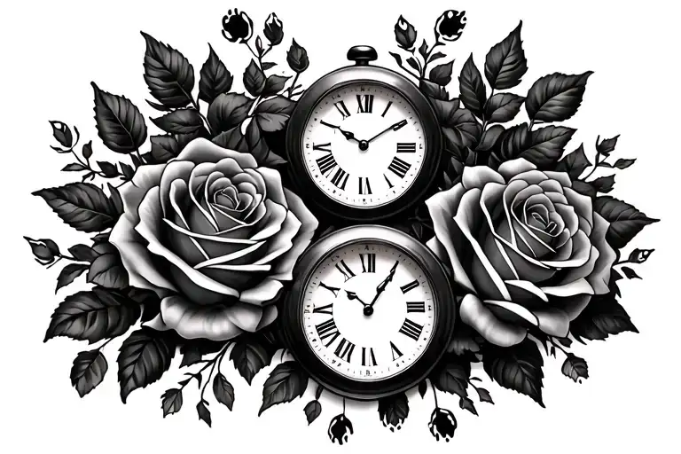 two foot prints and roses and two clocks all in one  tattoo design idea