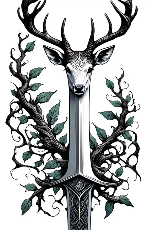 long sword wrapped  with  masculine deer head handle small leaves running vines tattoo design idea