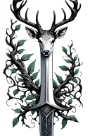 long sword wrapped  with  masculine deer head handle small leaves running vines tattoo design idea