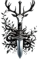 long sword wrapped  with  masculine deer head handle small leaves running vines tattoo design idea