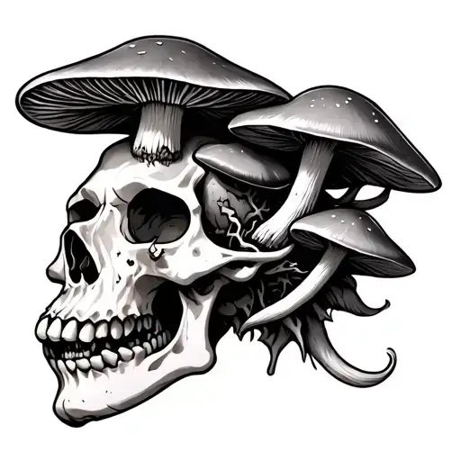 mushrooms growing out of a demon skull tattoo design idea
