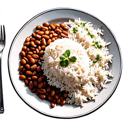 detailed, fine line photo realistic traditional puerto rican rice, beans on a dinner plate black and white. tattoo design idea