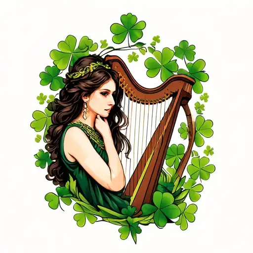 woman in harp Irish harp with maple leaf and clover tattoo design idea