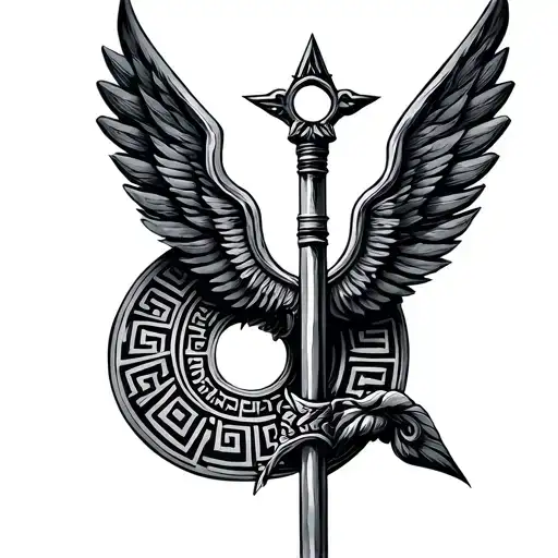 Staff of Hermes Greek Mythology with Greek Key and Greek Mati tattoo design idea