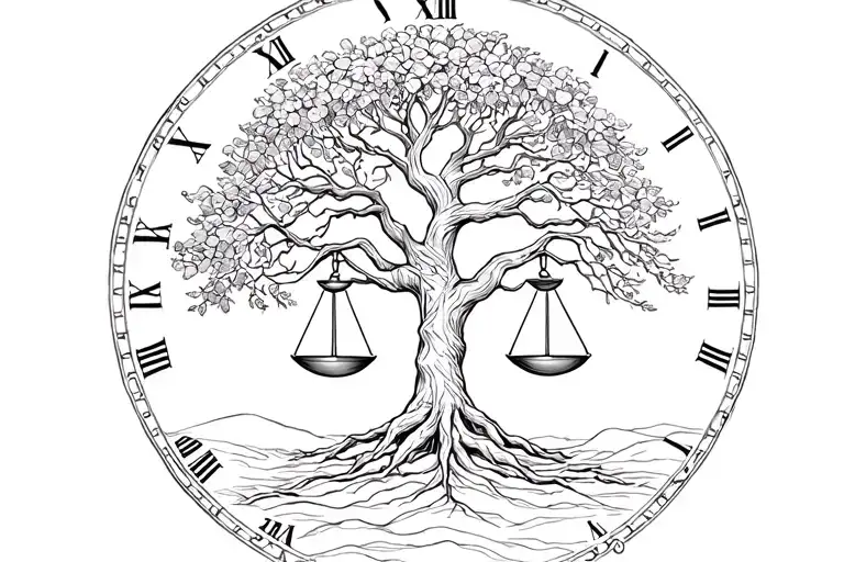 libra scales, sands of time. tree of life tattoo design idea