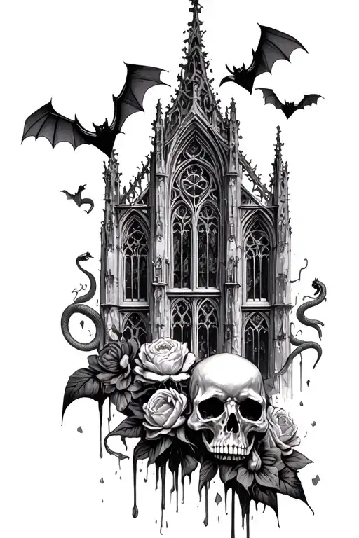 gothic cathedral with stained glass windows, dark victorian accents, rotting flowers, bats flying and snakes and skulls tattoo design idea
