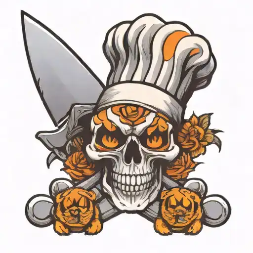 skull wearing chef hat with an orange tiger paw.  two chef knives crossed beneath it tattoo design idea