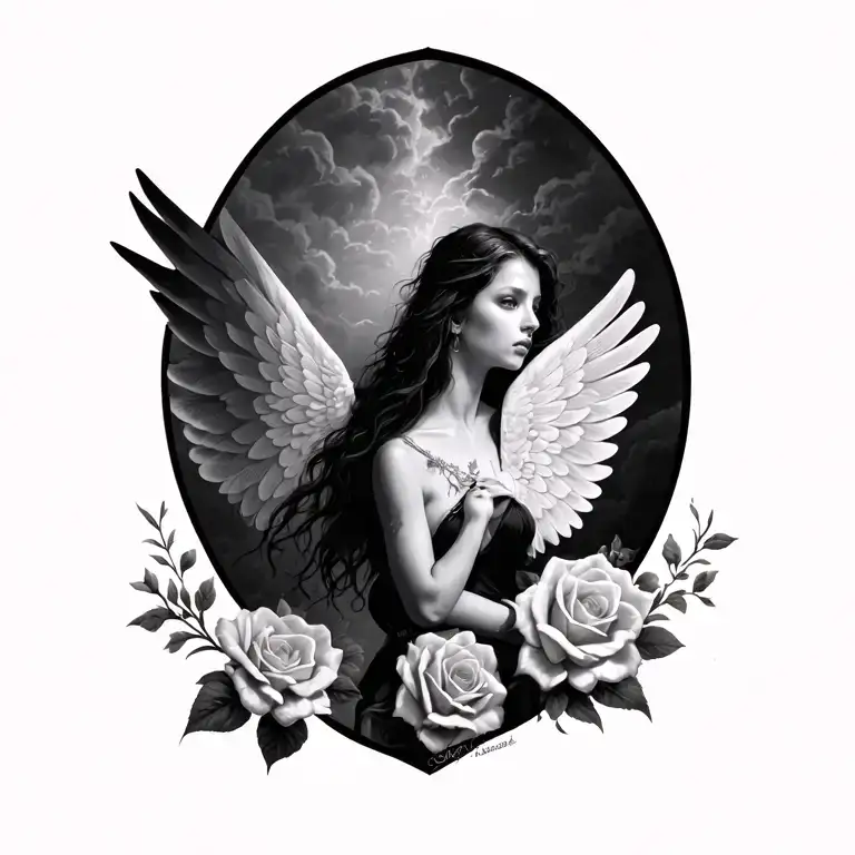 shaded roes your wings were ready but my heart was not with a crss tattoo design idea