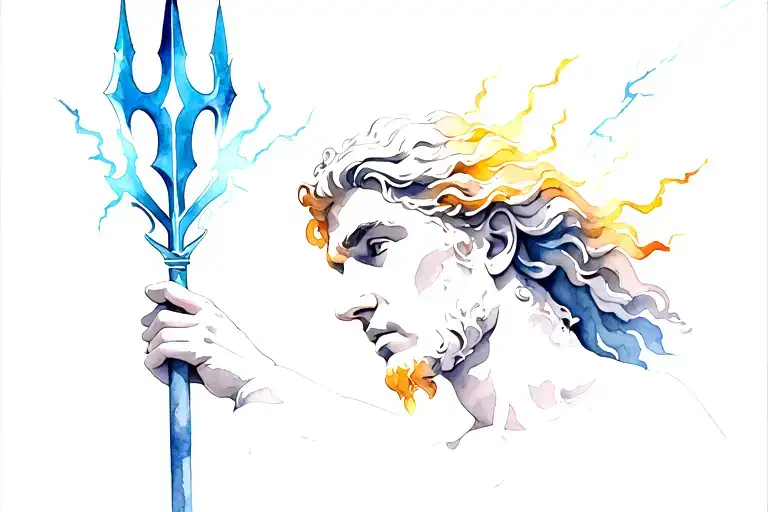 Poseidon Face and Upper Body Holding Trident with Lightning around him  tattoo design idea