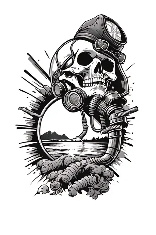 skull wearing pilot oxygen mask admiring a sunset scene tattoo design idea